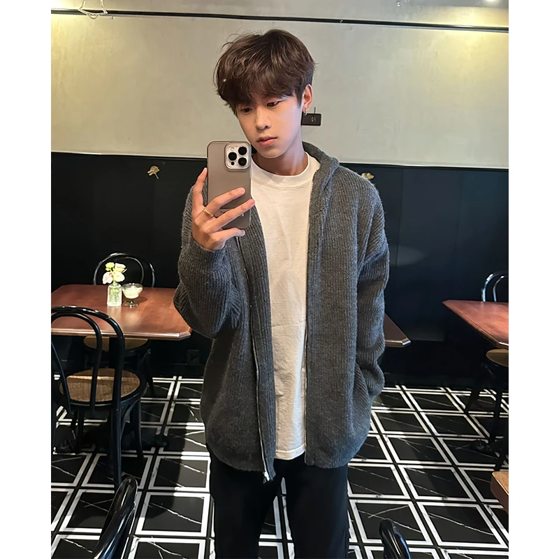 

Мужской осенний кардиган на молнии в корейском стиле, уютный вязаный свитер с капюшоном, длинный рукав, повседневный, модный