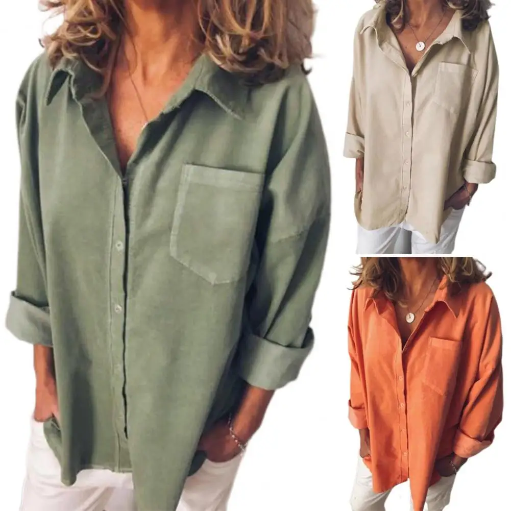 Pocket Effen Kleur Shirt Revers Lange Mouw Dames Shirt Met Single Breasted Design Effen Kleur Top Met Zak Voor De Lente