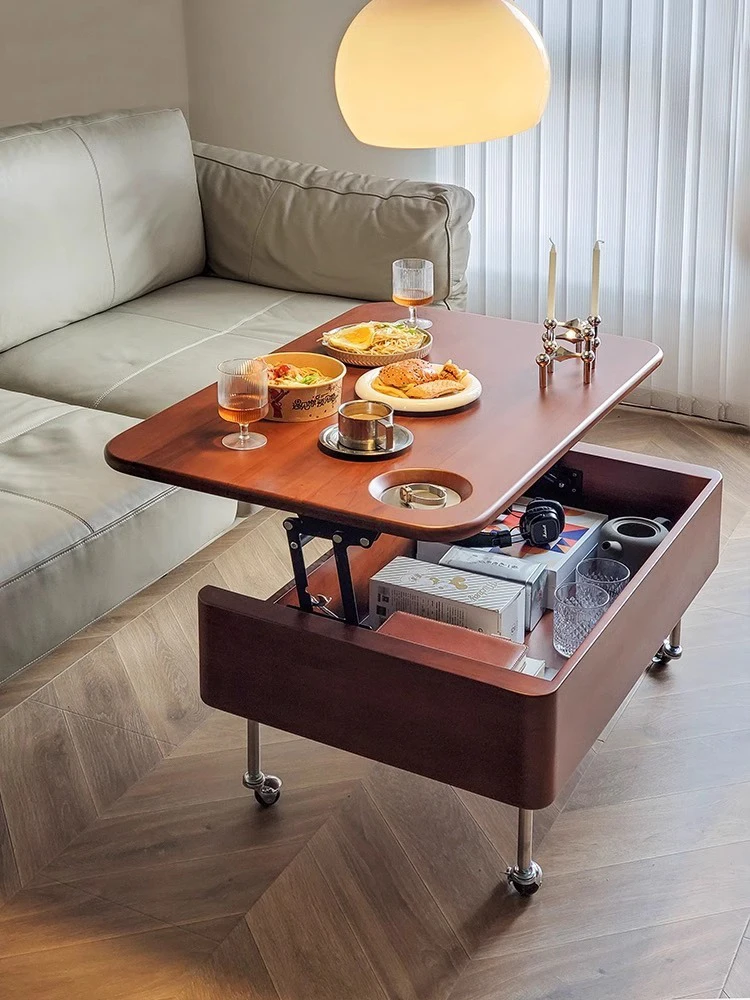 

All-solid wood coffee table multifunctional lifting movable pulley Nordic living room small apartment modern simple small table