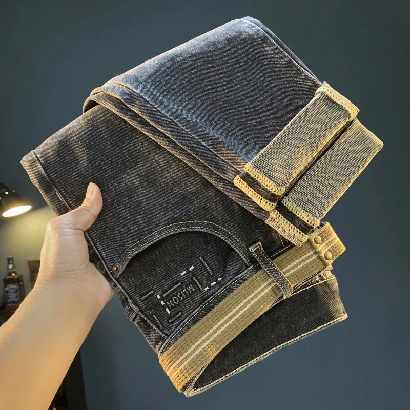 

Black thick jeans men's autumn winter 2025 trend comfortable and casual elastic small leg pants streetwear High e