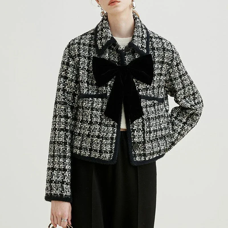 Vintage Tweed Jacket Women Elegant Cropped Bow Quilted Coat Winter Korean Commute Outerwear Office Ladies Chic Blazer New