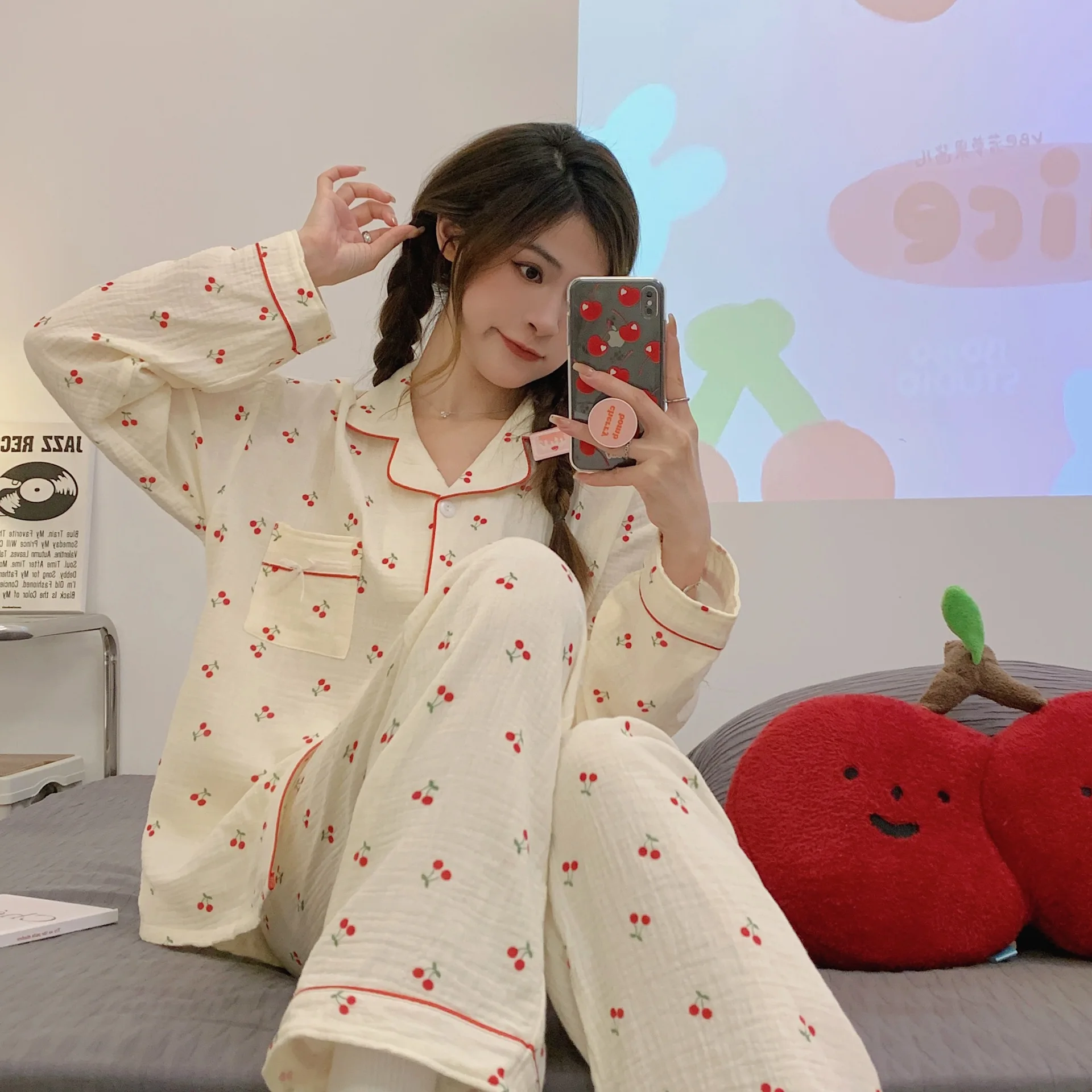 

Новинка: Комплект пижамы в корейском стиле из пушистого хлопка для женщин (весна/осень) – топ с длинным рукавом и длинные брюки, милый домашний комплект