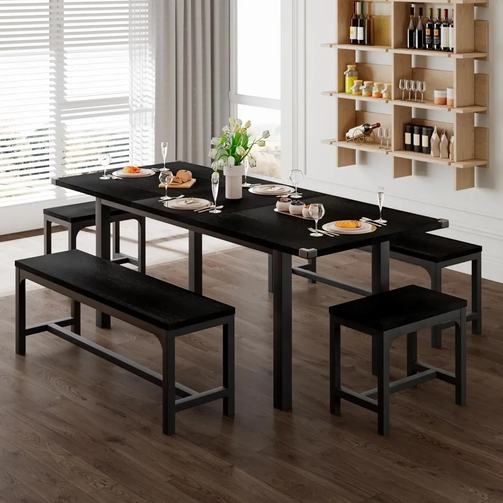 

5-Piece Dining Table Set for 4-8 People, 63" Large Extendable Kitchen Table Set with 2 Benches and 2 Square Stools, Dining Table