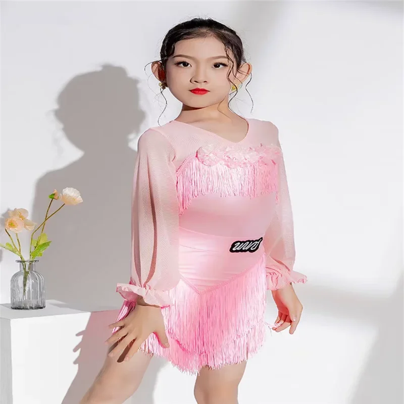 

Children Latin Dance Dress Pink Long Sleeve Samba Line Dance Costume Cha Cha Practice Dancing Clothes Tassel Skirt Set for Girl