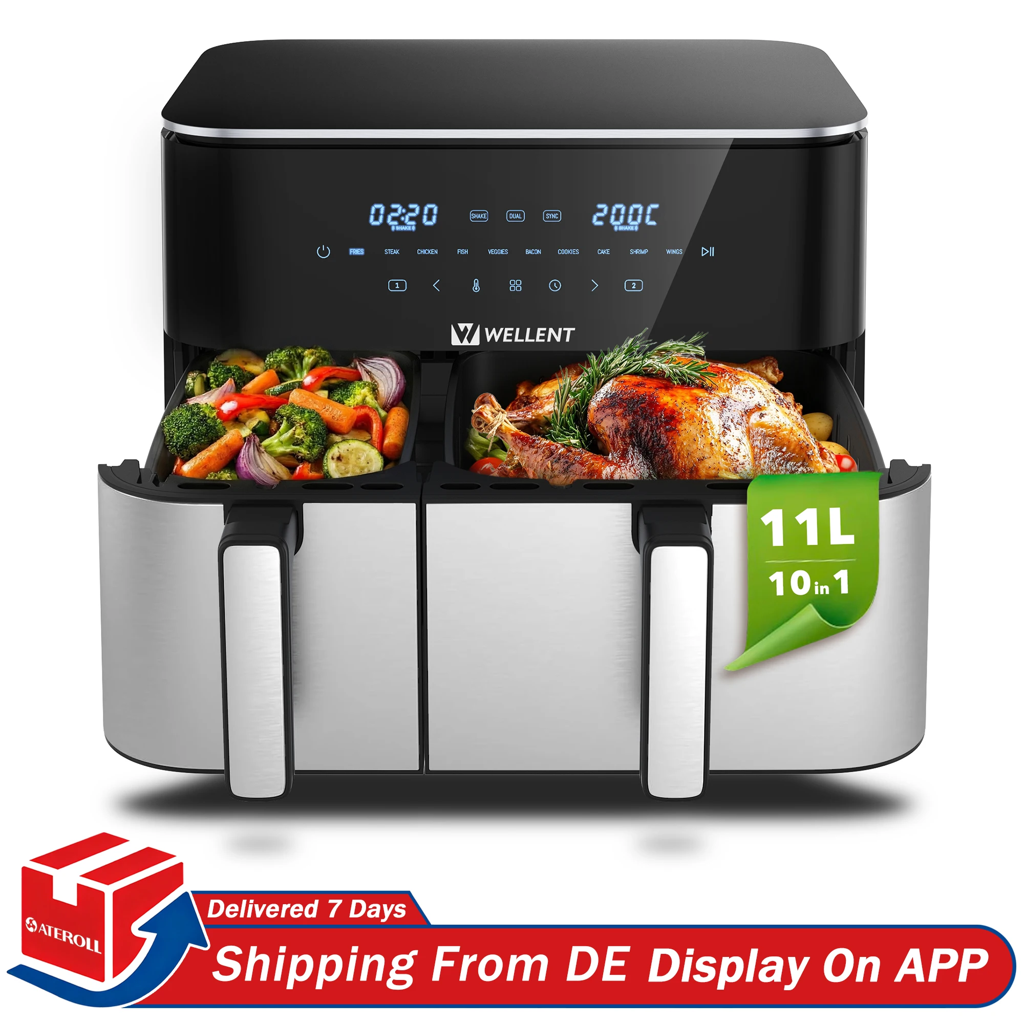Freidora de Aire Caliente de Doble Zona 4L+7L, 2600W con Calentamiento de Doble Elemento, Ideal para Familias de 5-6 Personas, Control de