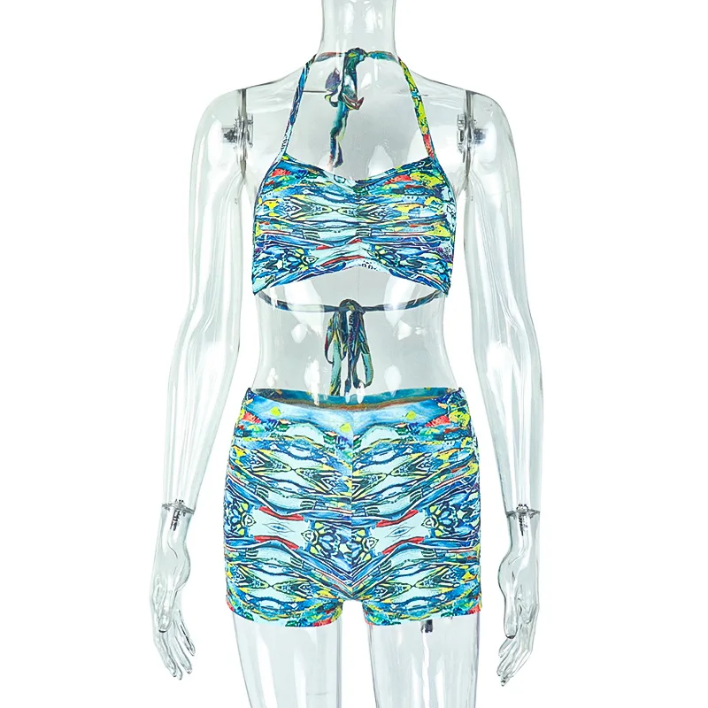 ชุดว่ายน้ําสตรี 2025 ฤดูร้อนแฟชั่นยุโรปและอเมริกา backless พิมพ์กางเกงชุดแขวนคอด้านบนชุดสองชิ้น