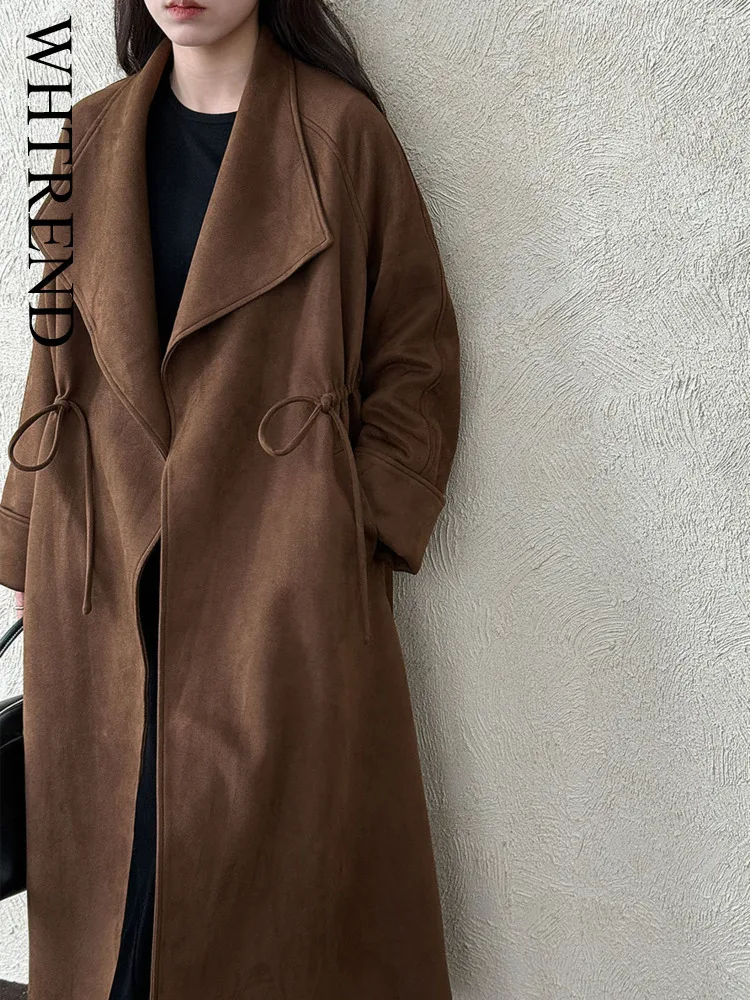 

WHTREND High End Silhouette Long Trench Coat Loose Drawstring Comfortable Large Lapel Jacket For Women Autumn New Style WH2066