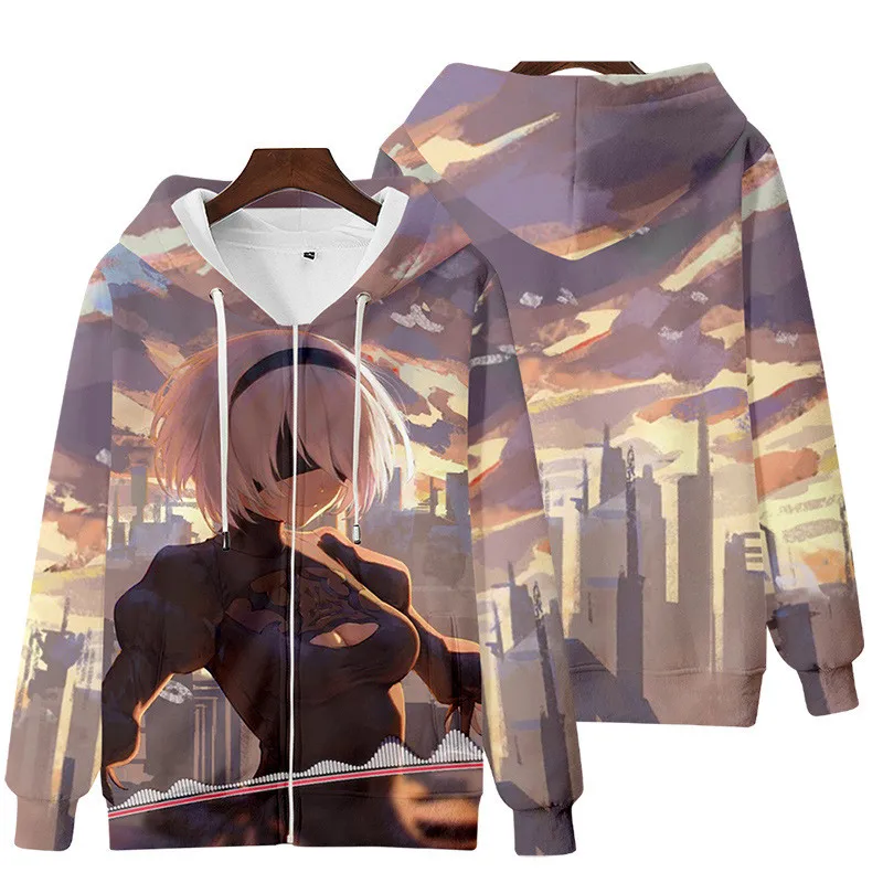 Game NieR Automata 2B YoRHa No. 2 Type B 9S YoRHa No. 9 Type S Cosplay Costume 3D Sweatshirt Men Zipper Hoodies Outwear Coat