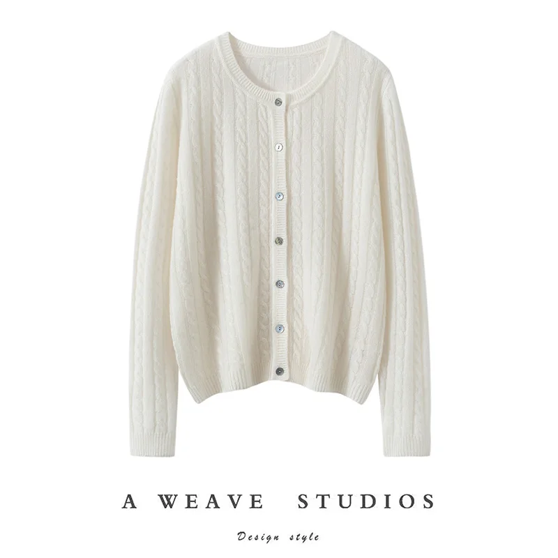 Sweter damski ze 100% kaszmiru, dekolt okrągły, wzór w warkocze, kardigan z dzianiny, prosty styl, wiosna, jesień, zima, miękka odzież dzianinowa z kaszmiru, miękkie topy.