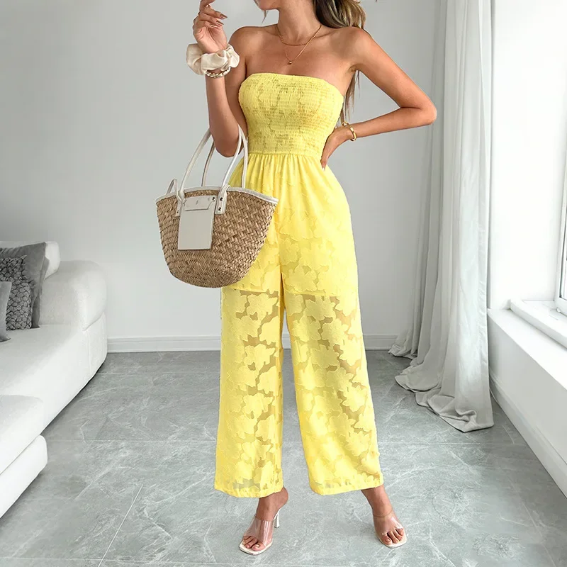 

2026 New Summer Style See-through Yellow Fresh and Sweet Sleeveless Tube Top Straight Trousers for Women