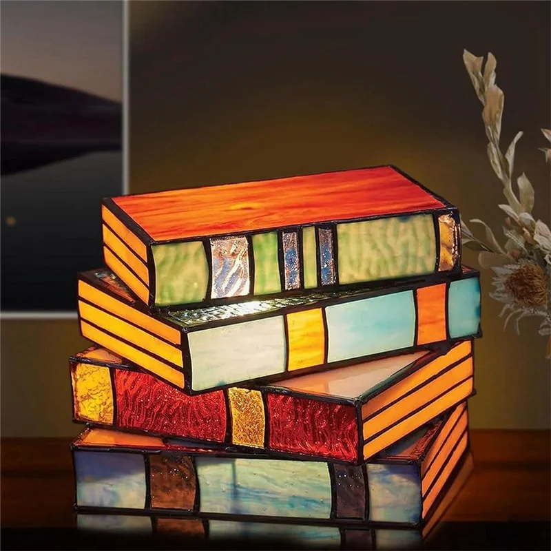 

ABPP-Glass Stacked Books Lamp,Stacked Books Glass Lamp,Handcrafted Glass Lamp,Reading Nook Lighting Vintage Table Lamp Easy To U