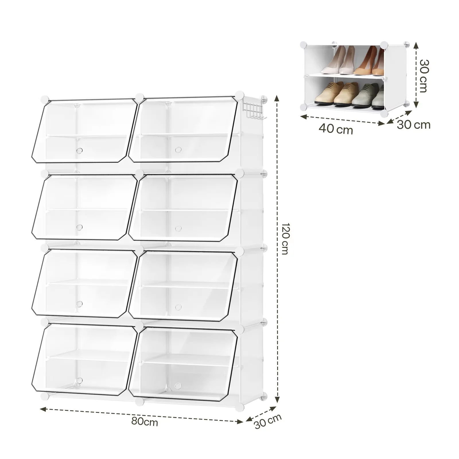 WOLTU Faltbarer Modularer DIY-Schuhschrank Transparenter PP Stapelbarer Schuhwürfel-Aufbewahrungsorganizer mit Türhaken für Flur Wohnzimmer