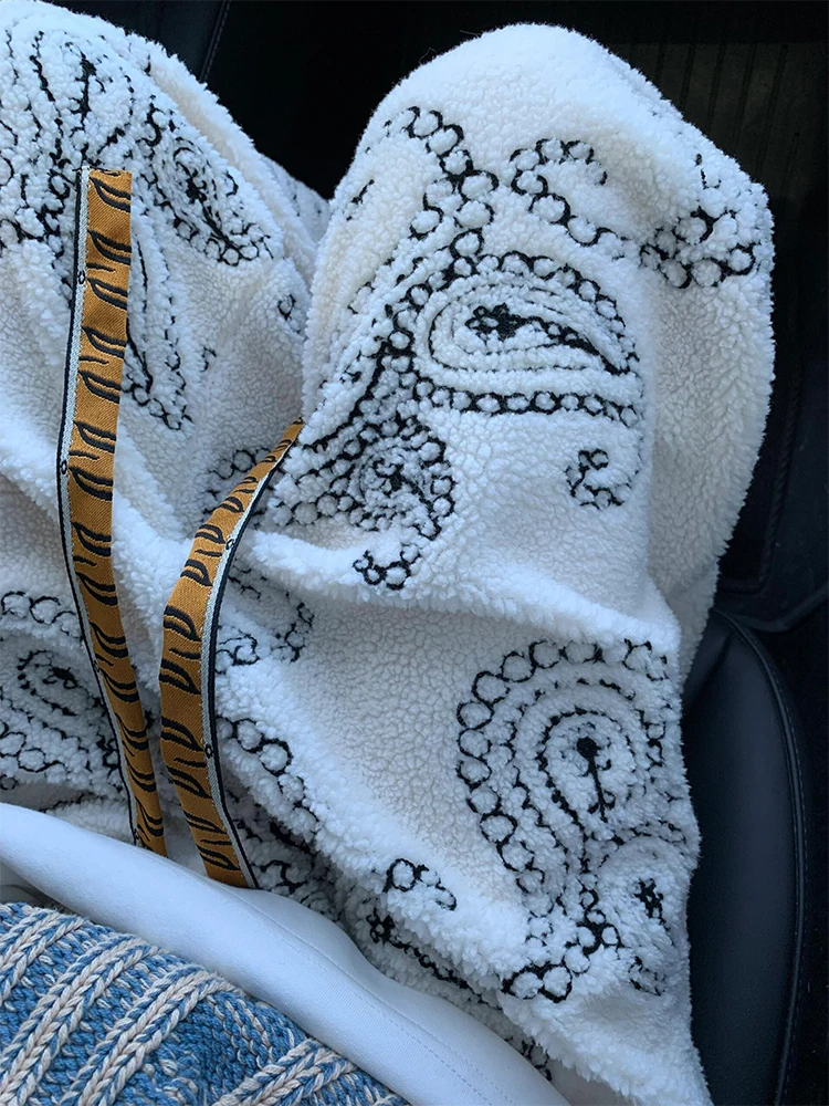 

Lamb Fur American Lazy Pants Men's Autumn Winter Thickened Sweatpants Embroidered Straight Leg Pants Warm Cozy Casual Trousers