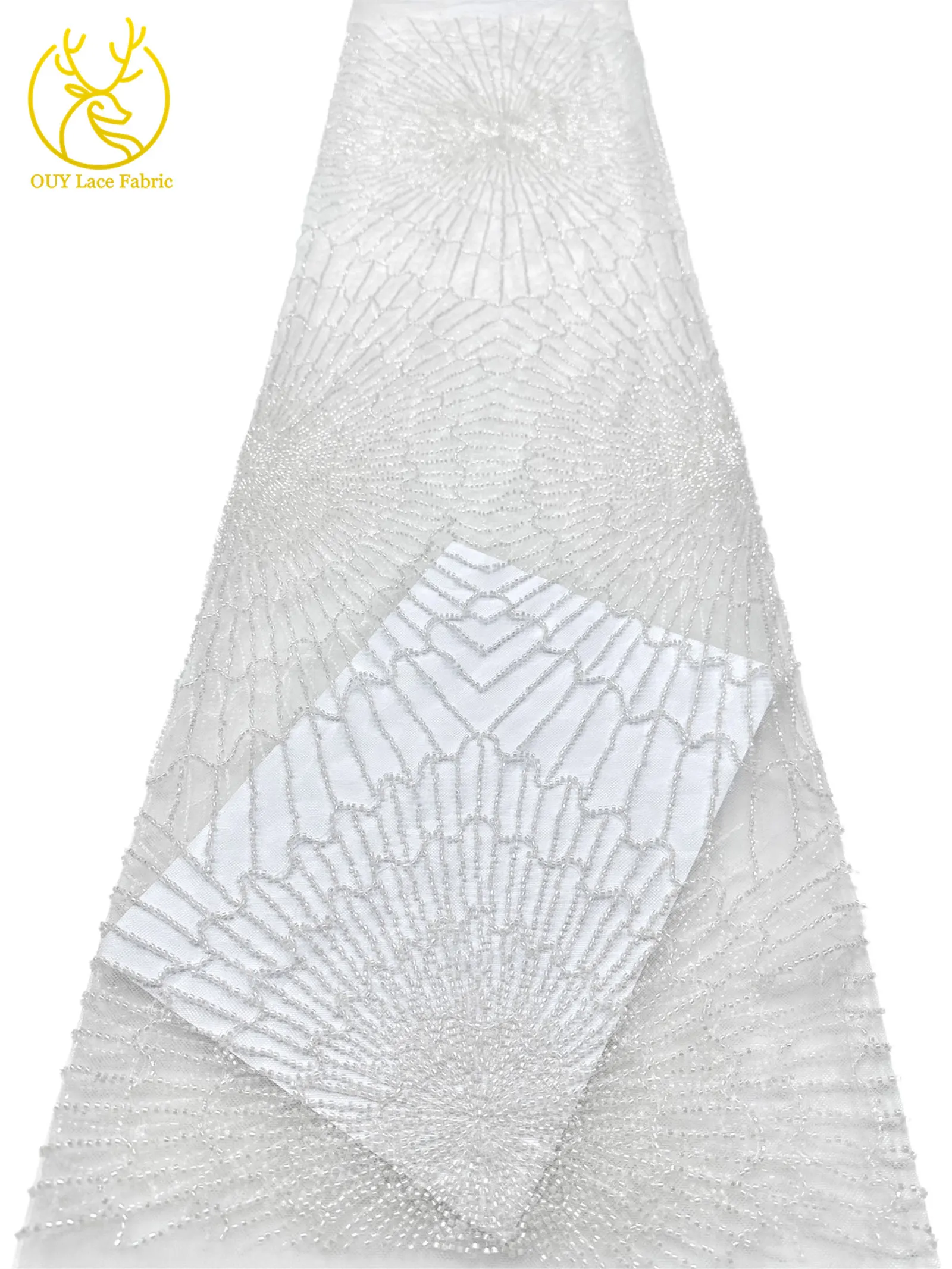 Luxuriöser afrikanischer, stark perlenbesetzter Spitzenstoff, goldene nigerianische Perlen-Spitze, französischer Tüll-Spitzenstoff für Brautkleider und Hochzeitskleider zum Nähen – Detail 13