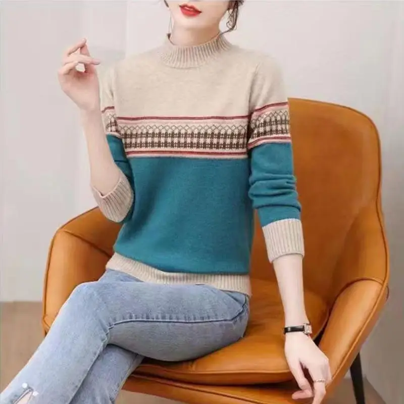 

2023 Autumn and Winter Women's Pullover Half High Collar PatchworkPrinting Loose Bottom Fashion Casual Elegant Long Sleeve Tops