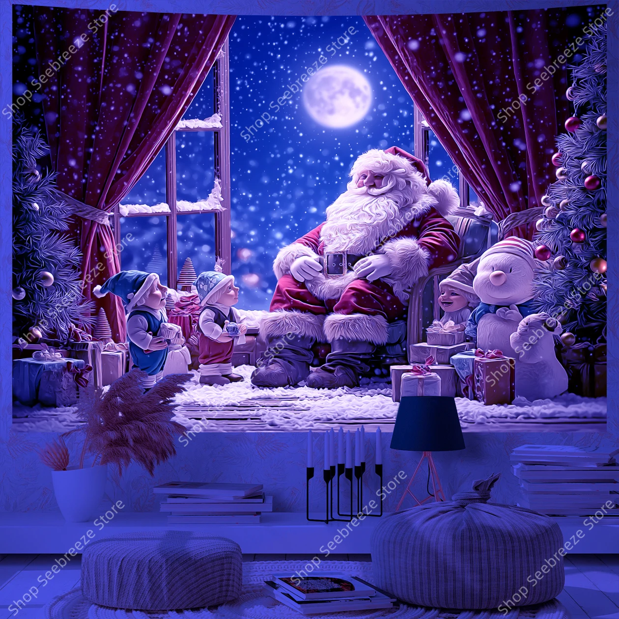 سانتا كلوز يجلس نافذة ثلجية مع شجرة عيد الميلاد والهدايا نسيج الأشعة فوق البنفسجية لغرفة المعيشة وغرفة النوم والعطلات وديكور الحائط والمكتب #3