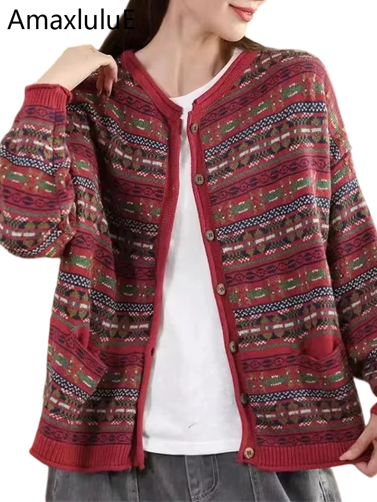 

Amax LuluE Korean Fall Knitwear Womens Loose Printed Fashion Cardigans Ladies Leisure Vintage Classic Harajuku Big Size Sweaters