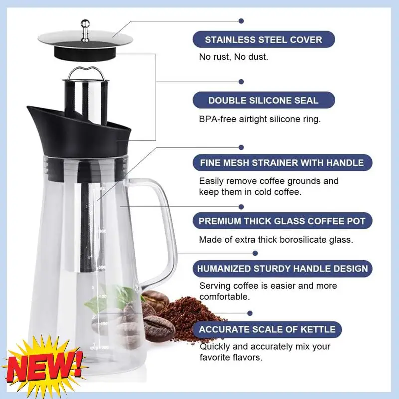 

AT14 Iced Coffee Maker Machine Cold Brew Tea Pitcher Durable Glass And Airtight Lid Coffee Pot 1.2L