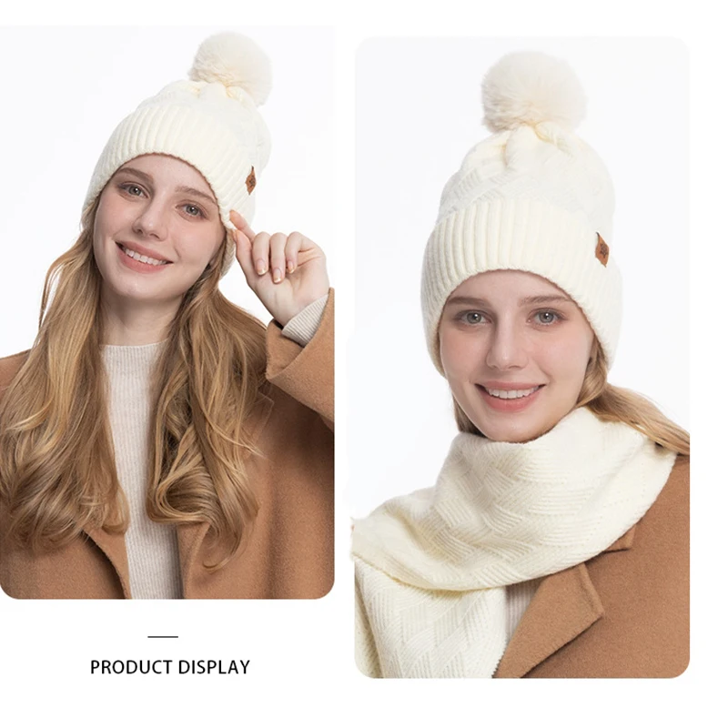 Conjunto de tres piezas de ropa de otoño e invierno: gorro, guantes y bufanda de punto de lana con forro polar de doble capa