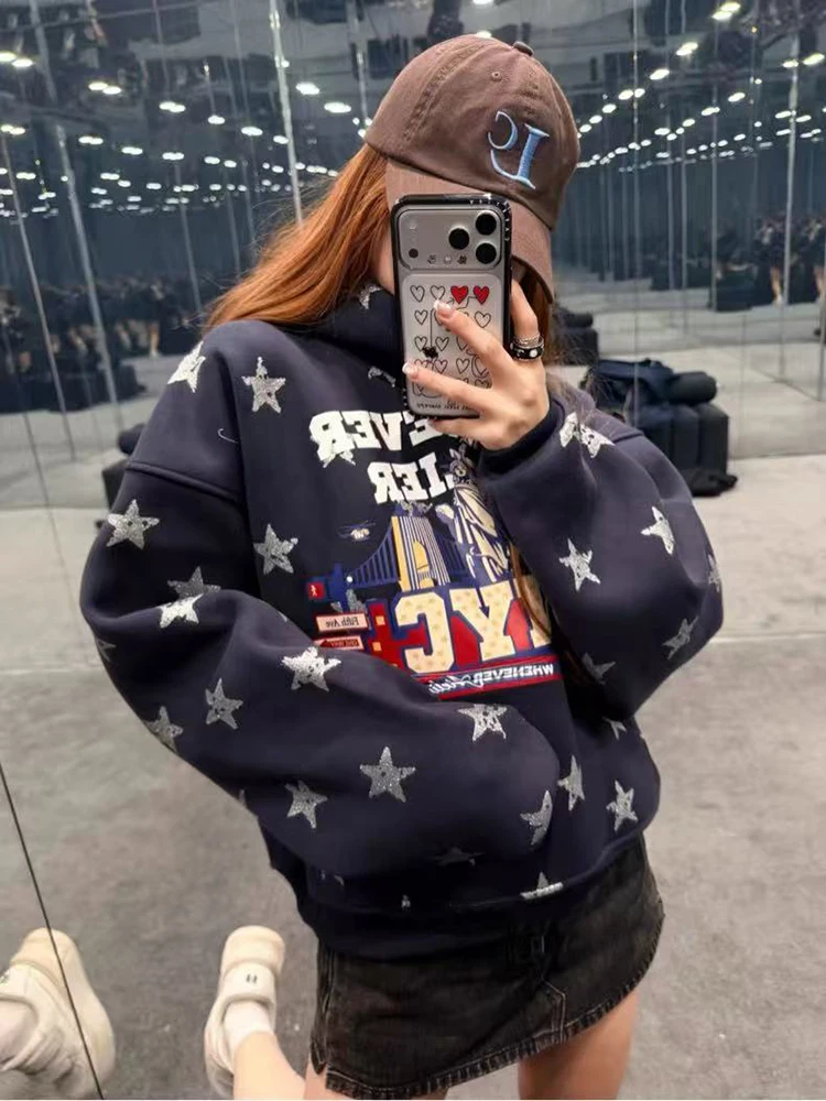 

Толстовка с принтом звезд для женщин Y2K, американская уличная одежда, свободная хлопковая толстовка с большими карманами Bf Harajuku, флисовый пуловер в консервативном стиле, новый