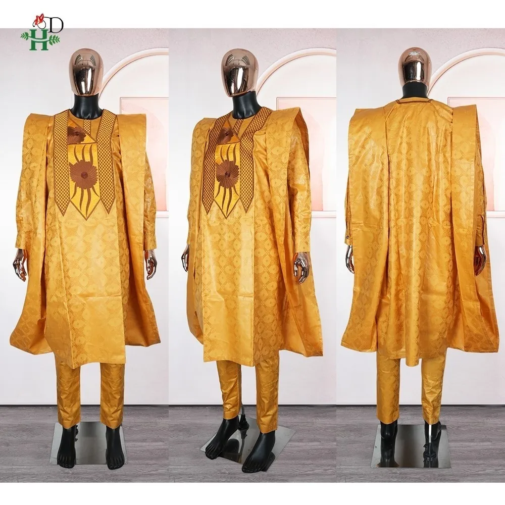 Vestidos africanos para parejas, conjuntos dorados a juego para mujer y hombre, traje tradicional de Bazin Riche con bordado, vestido turco para bodas y fiestas.