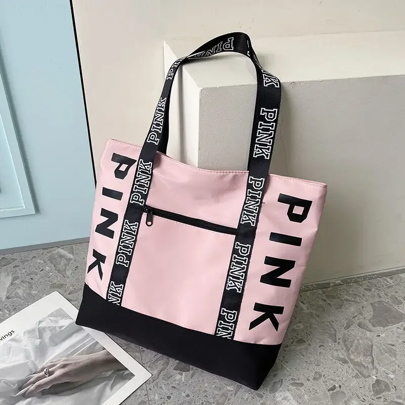 2024 PINK Letter Black Colorblock Nylon Graphic Casual Sports Fitness Tote Handbags