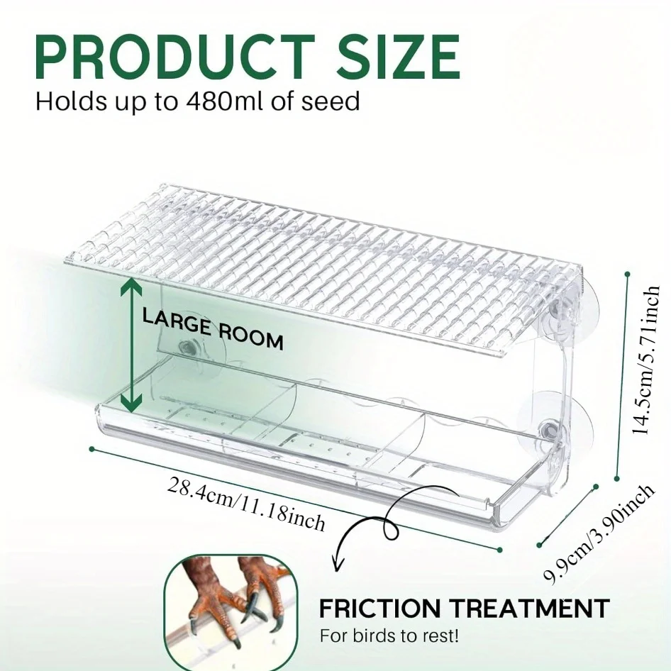 وحدة تغذية الطيور ذات النافذة الشفافة، بذور 480 مل، أكواب شفط قوية، سهلة التركيب، لمشاهدة الطيور البرية.