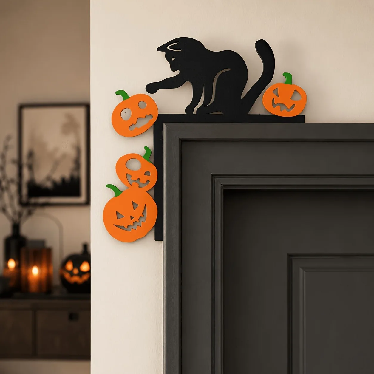 レトロな鉄製の猫とカボチャの壁飾り、ハロウィーンの装飾に最適-–-22cmのクラシックなヴィンテージメタル吊り下げ飾り、ドアや壁に最適です。
