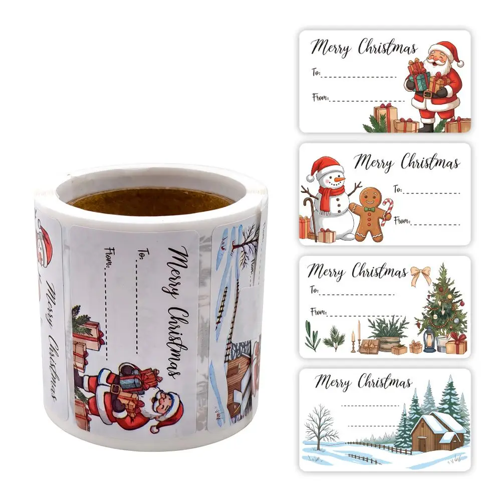 200Pcs Watercolor Christmas To From Gift Tag Stickers 3*5cm Santa Snowman Christmas Tree Cabin Self-Adhesive Xmas Gift Name Labe