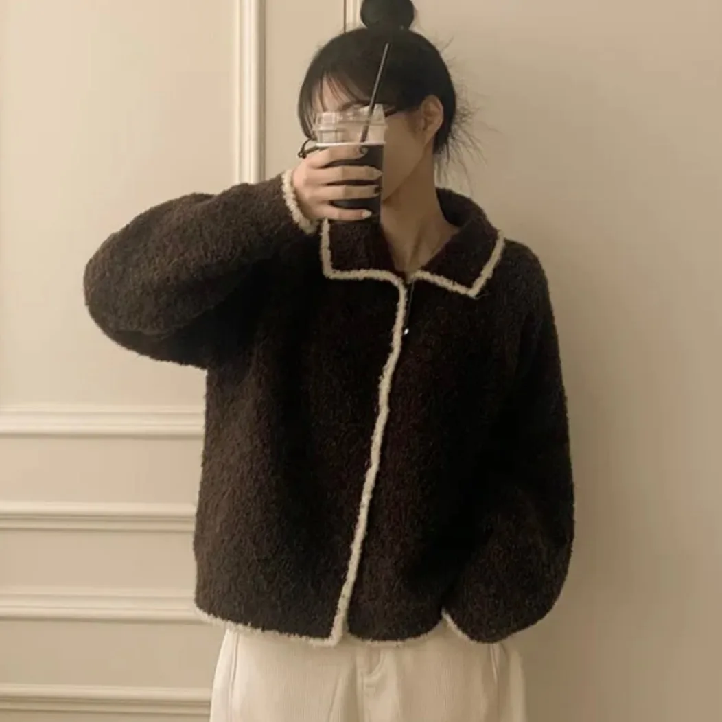 Frauen Herbst Chic Lose Casual Faul Sle Farbe Blo Kragen Weiche Gemütliche Oberbekleidung Gestrickte Offene Strickjacke Top Lange Sve