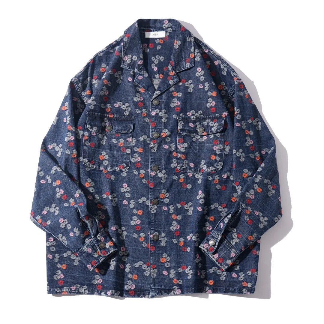 Men's American-Style Retro Floral Embroidered Denim Shirt Long-Sleeved High-End Artistic Blazer New Style