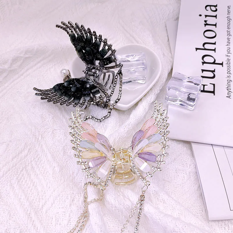 Women Exquisite Diamond-Studded Butterfly Tassels Hair Claw  Girls Luxury Pearl Ponytail Shark Clip Hairpin Accessories Gifts