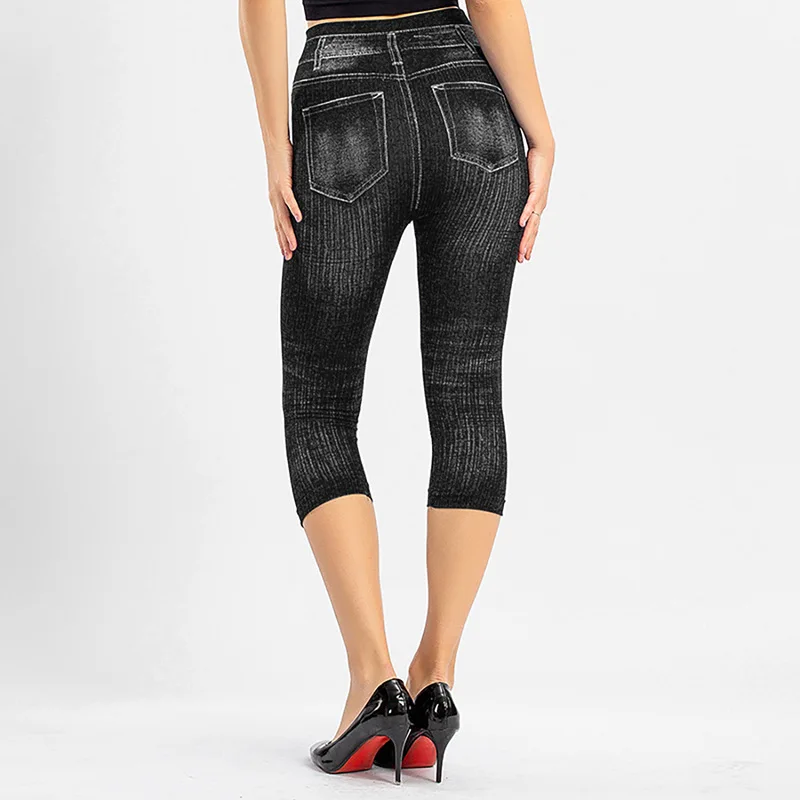 1 stks Womens Denim Print Legging Vrouwelijke Mode Slanke Legging Faux Jeans Legging Lady Stretch Gedrukt Leggins Broek Capri Broek