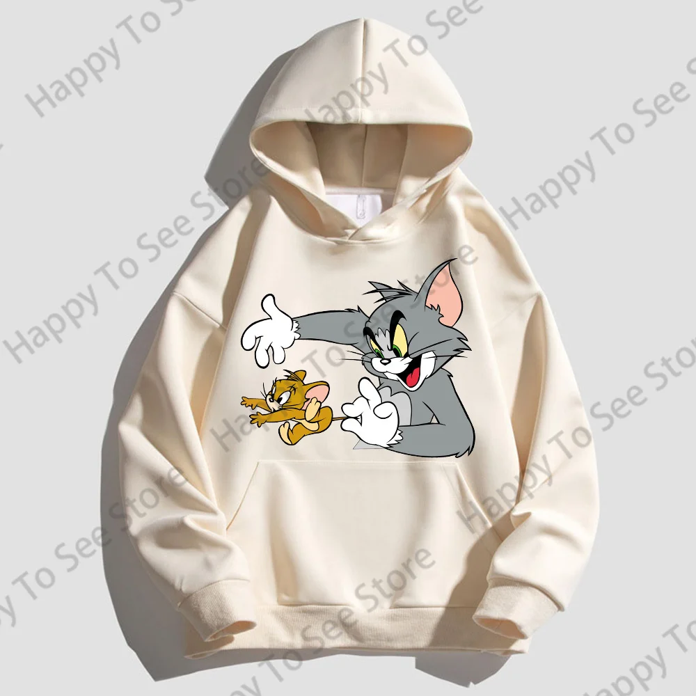 Tom And Jerry Women\'s Clothing Cotton Hoodies Spring Autumn Cute Loose Lazy Style Cartoon Fun Style Pullover Unisex Hooded Tops