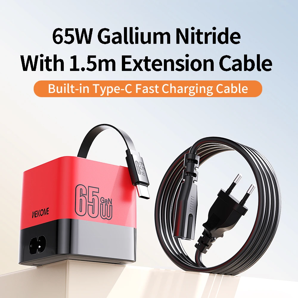 US 65W GaN Charging Head  Fast Charge Built-in 80CM TypeC Cable ,  for iPhone 16 15 Xiaomi Samsung With 1.5m Extension Cord