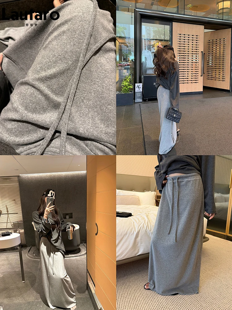 Lautaro Spring Extra Long Grey Soft Flowy Floor Length Skirt Women Drawstring Waist  Back Slit Loose Casual Fall Cothes