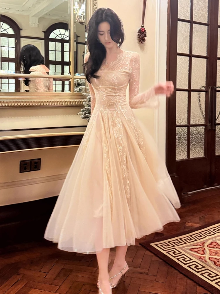 

Women Vintage Lace Party Dress Autumn Long Sleeve V-neck Slim A-line Evening Prom Mujer Wedding Guest Dresses