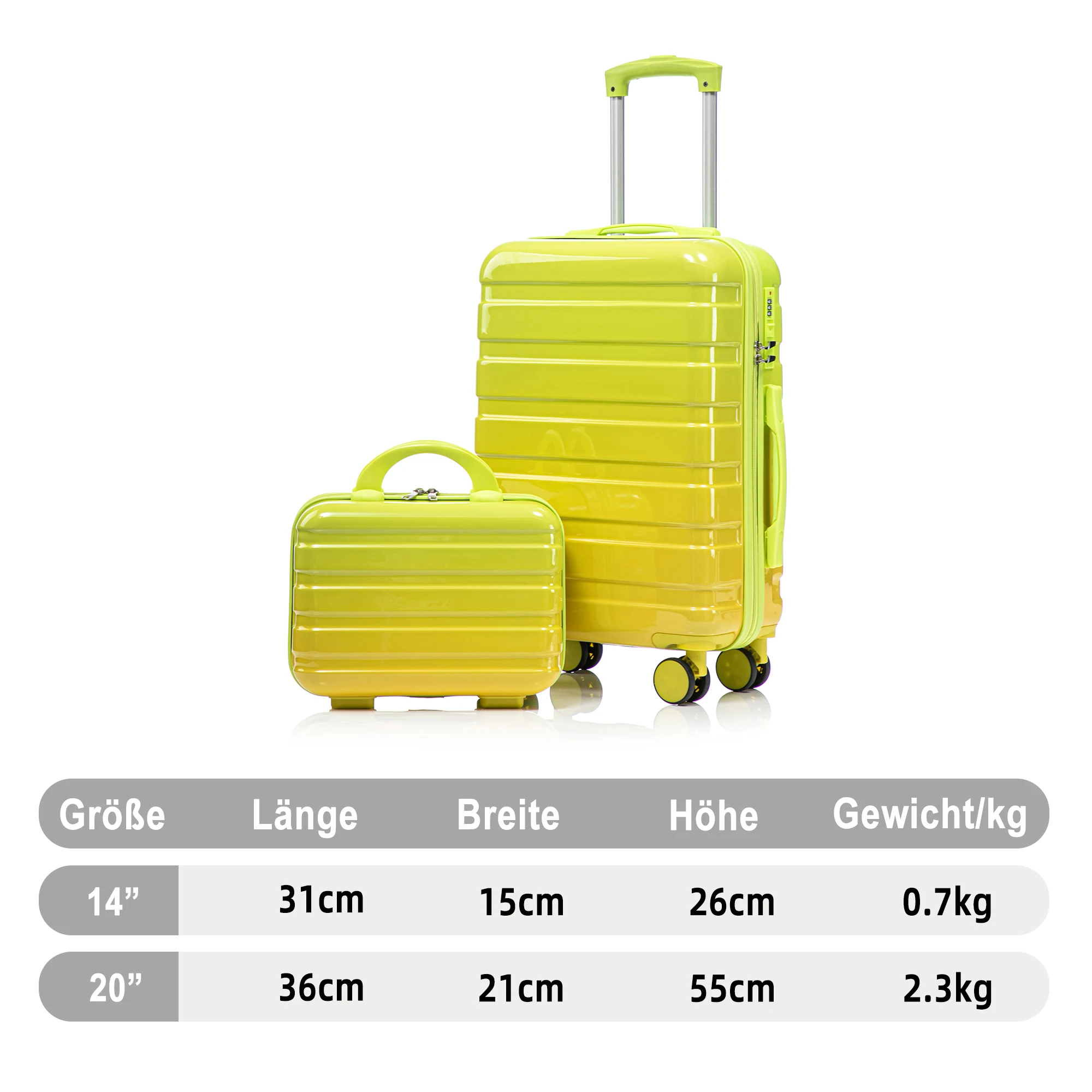 Conjunto de Malas de Viagem 2 Peças (14"/20") com Rodas Giratórias, Cadeado de Combinação e Necessaire de 14'', Maleta de Viagem, Mala de Bordo