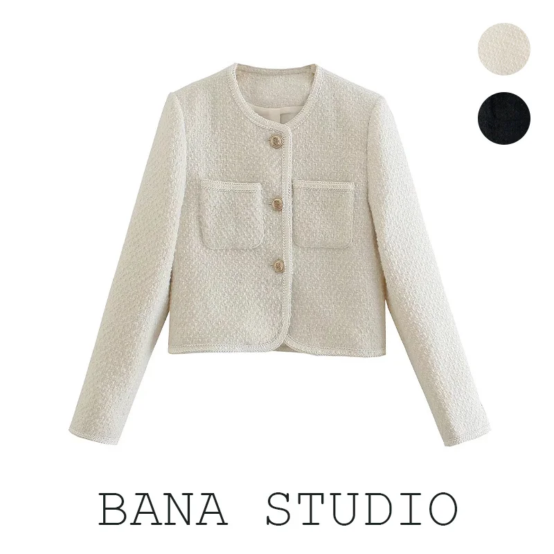 

BANA Winter 202 round Ne Jaet Top High Waist ort Outerwear Crisp Wool Trimming Perfume Sle Long Sve Commute ...