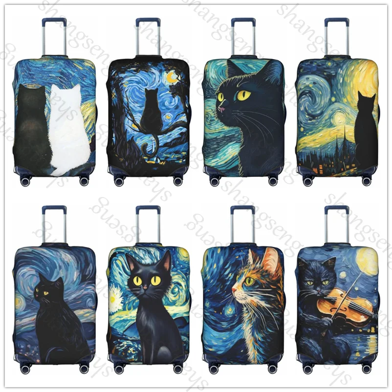 النفط اللوحة فان جوخ القط حقيبة سفر واقية غطاء حقيبة حماية مرنة قابل للغسل غطاء الأمتعة 18-32 بوصة #1