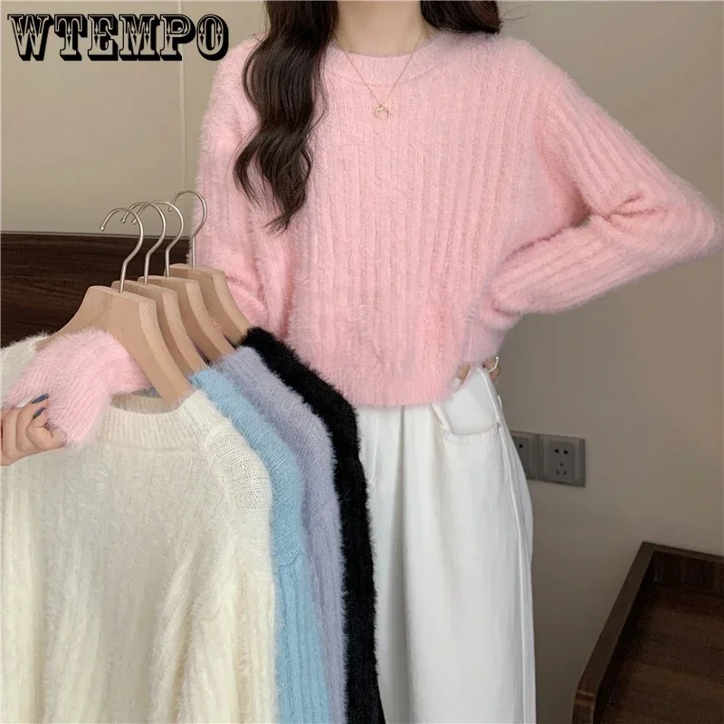 Y2K Cropped Sweater Pink Furry Solid Korean Fashion Pullover Knitted Sweaters Autumn Winter Long Sleeve Mohair Jumper Short Top