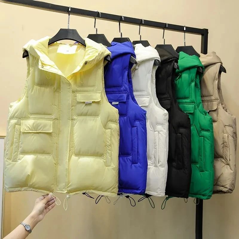 

2024 New Autumn Winter Women's Vest Korean Slim Hooded Down Cotton Vest Women Waistcoat Sleeveless Jacket Female Coat Outerwear