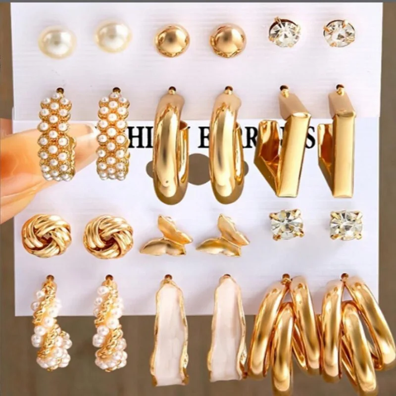 1Set Hot Selling Trendy Retro Diamond Studded Pearl Butterfly Drip Oil Earring Set Fashionable and High-End Earrings Wholesale