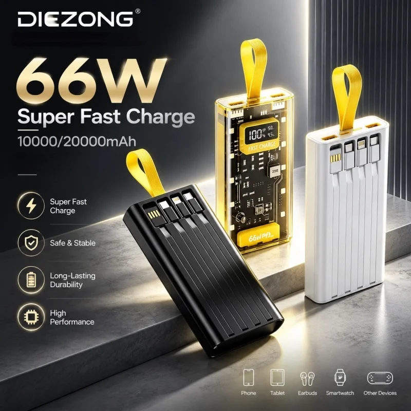 20000mAh Bidirectional Super Fast Charging Power Bank 66W Transparent High Capacity Digital Display for Iphone Xiaomi Samsung
