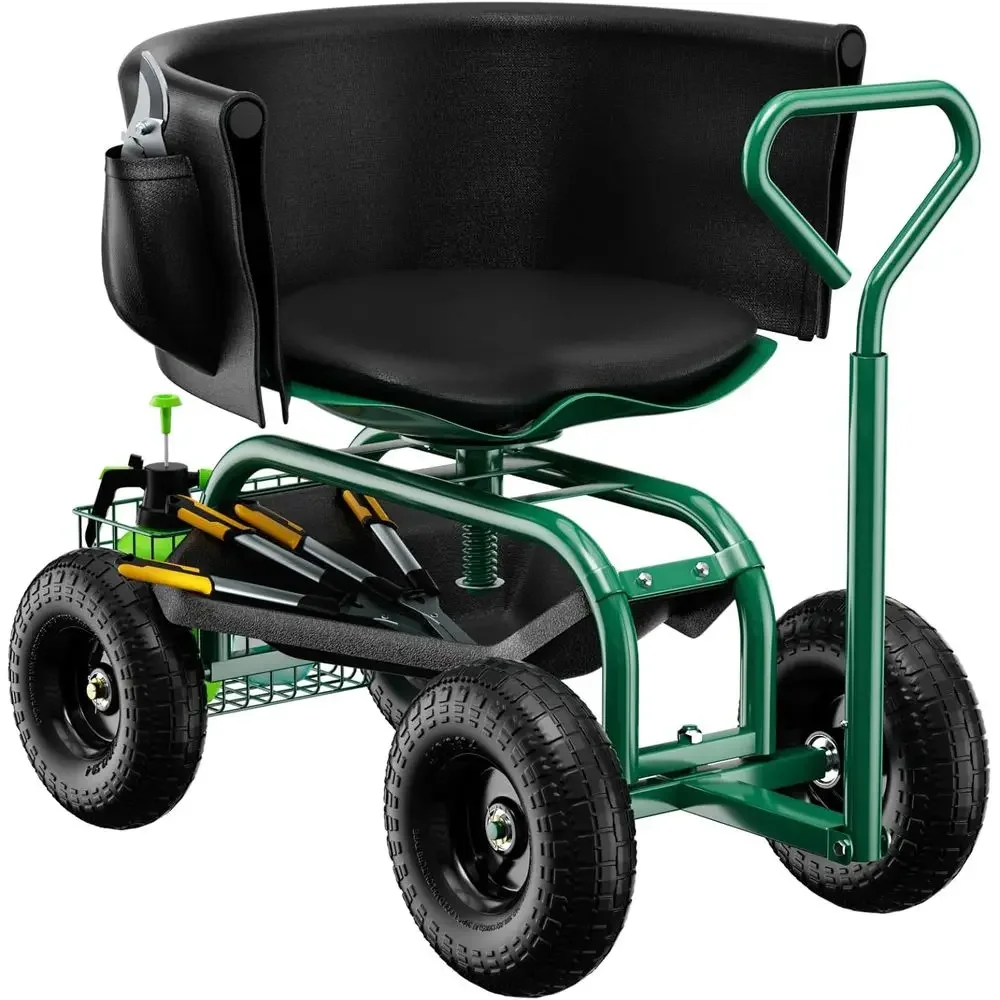 Adjustable 360° Swivel Rolling Garden Seat with Storage Basket and Extendable Handle