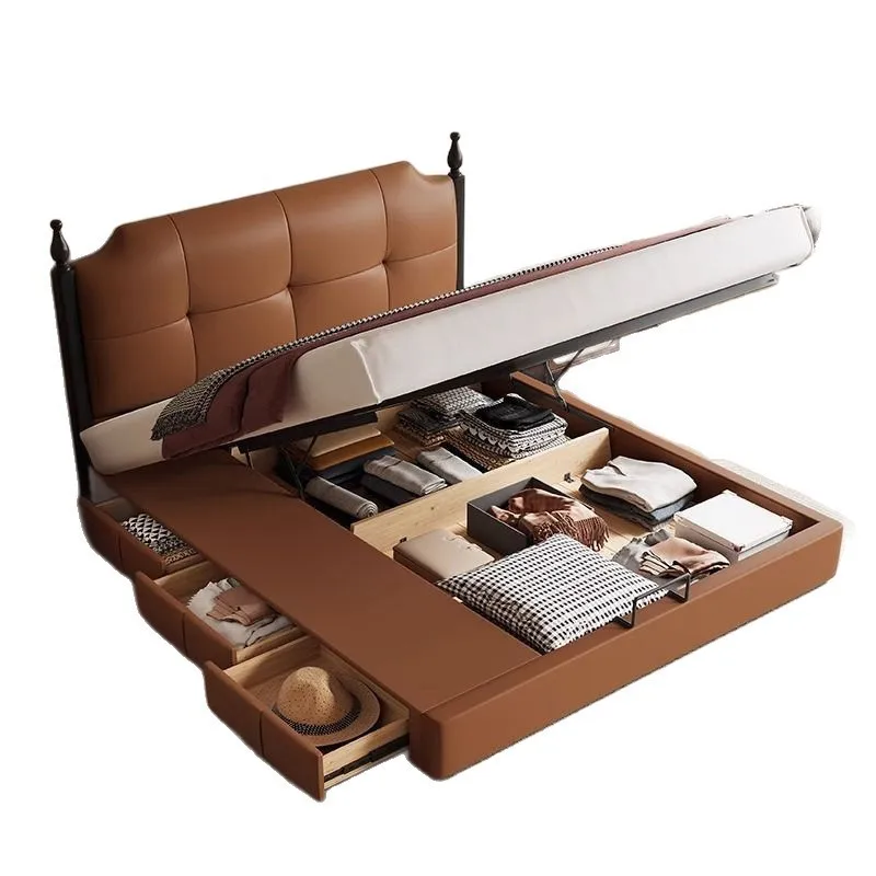 

French medium and ancient wind bed, small apartment storage solid wood double bed