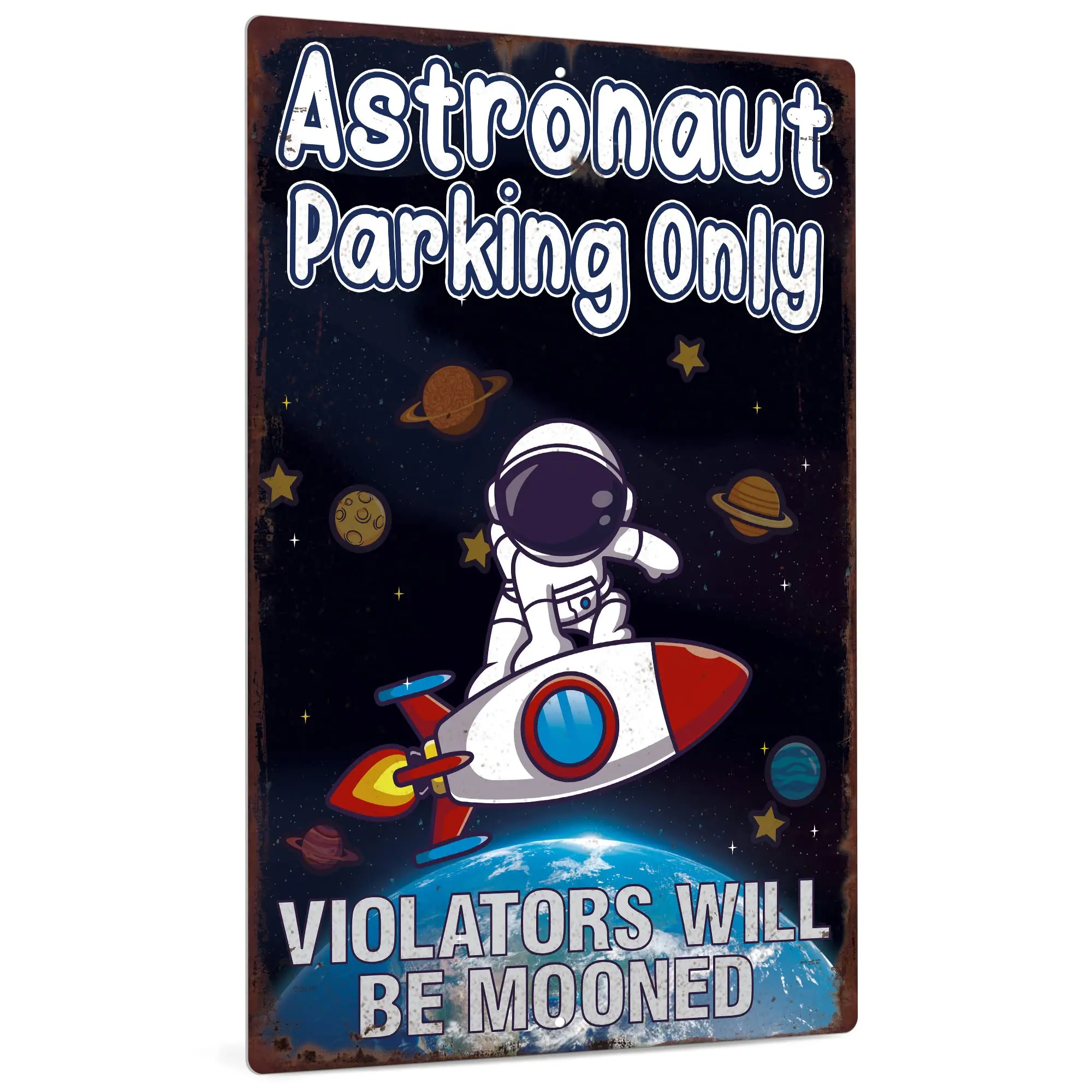 Decor Astronaut Parking Only Sign, Outer Space Room Wall Decor, Gifts for Boys Kids, Son, Daughter, 12 x 8 Inches Aluminum Meta