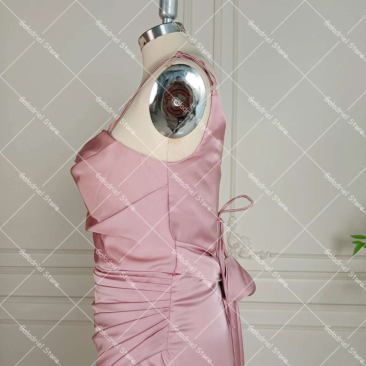 Customized Cowl Neck Sheath Ankle Length Evening Dress Glossy Satin Soft Laceup High Slit Chic Spaghetti Straps Bridesmaid Gowns