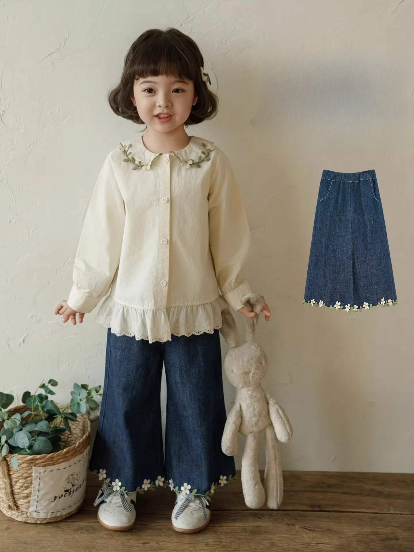 

Girls' Spring and Autumn New Wide Leg Jeans, Children's Loose Casual Pants
