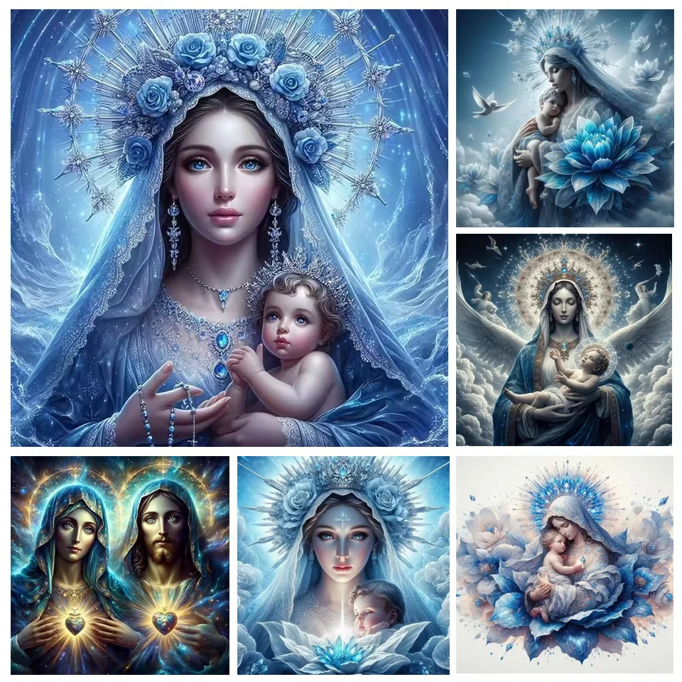 DIY 성모 마리아 어머니 예수 다이아몬드 페인팅 키트, 푸른 꽃 다이아몬드 자수, 수제 모자이크 아트, 홈 데코, 5D, 2025 신제품